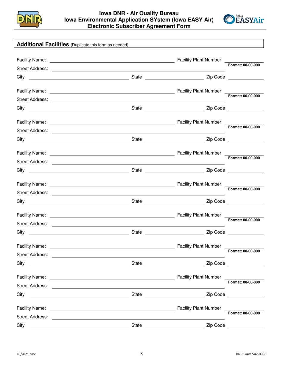 DNR Form 542-0985 Iowa Environmental Application System (Iowa Easy Air) Electronic Subscriber Agreement Form - Iowa, Page 3