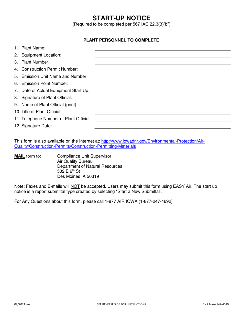 DNR Form 542-4019 Start-Up Notice - Iowa, Page 1