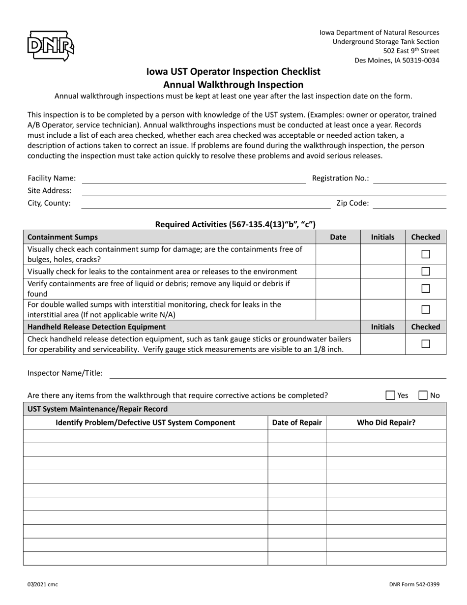 DNR Form 542-0399 Iowa Ust Operator Inspection Checklist - Annual Walkthrough Inspection - Iowa, Page 1
