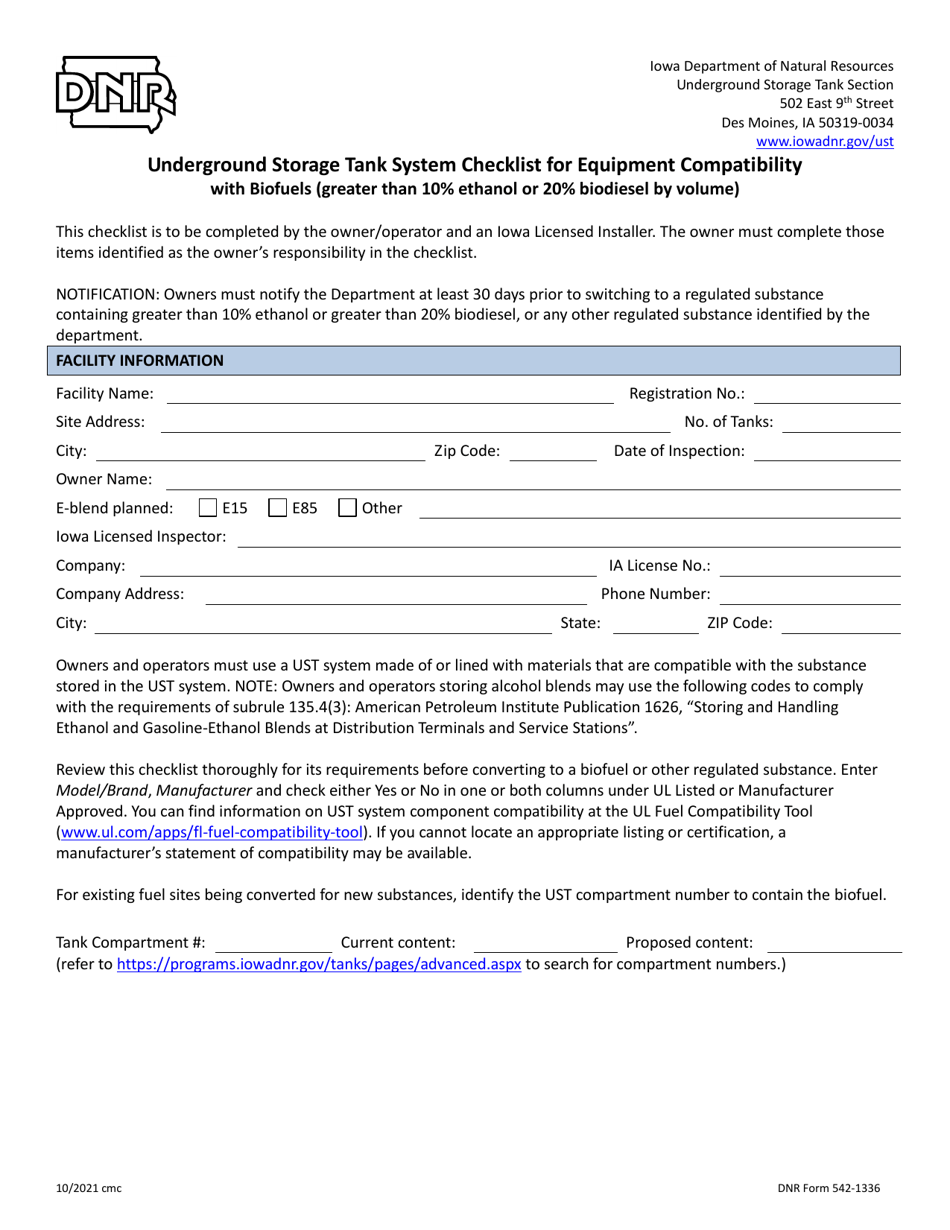 DNR Form 542-1336 Underground Storage Tank System Checklist for Equipment Compatibility With Biofuels (Greater Than 10% Ethanol or 20% Biodiesel by Volume) - Iowa, Page 1