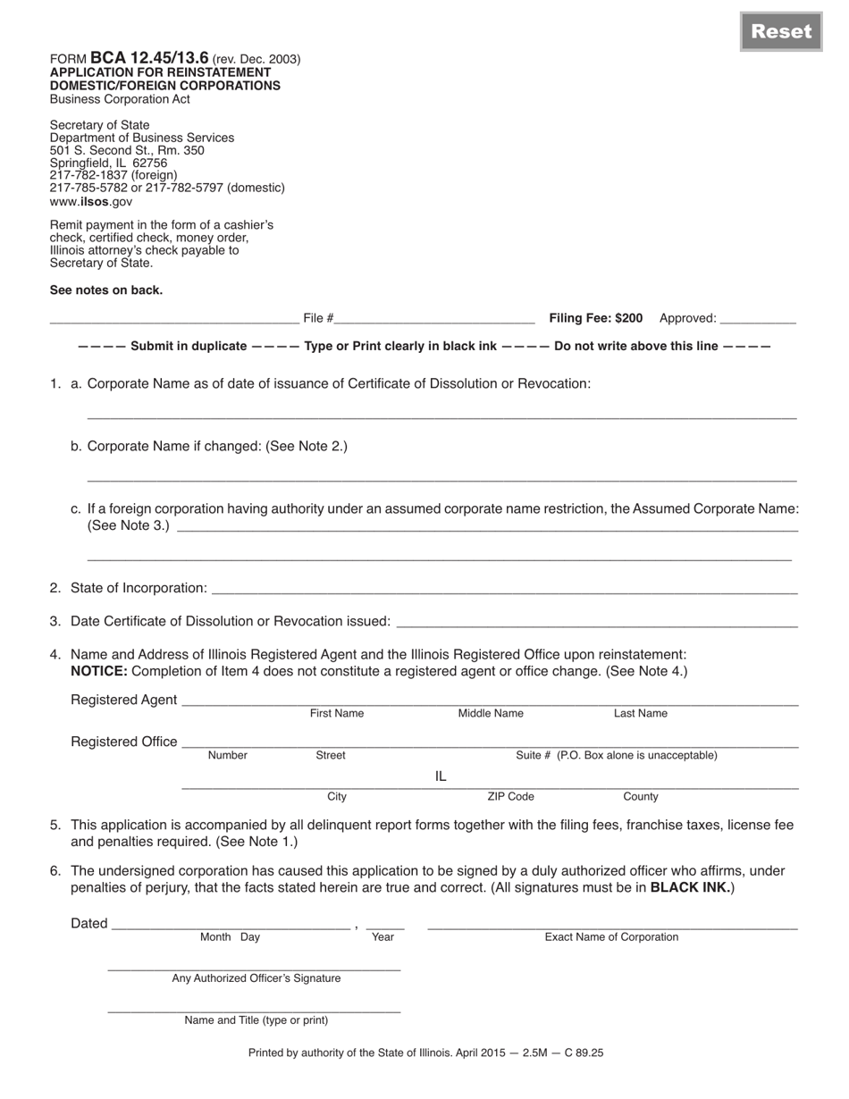 Form BCA12.45 / 13.6 Application for Reinstatement Domestic / Foreign Corporations - Illinois, Page 1