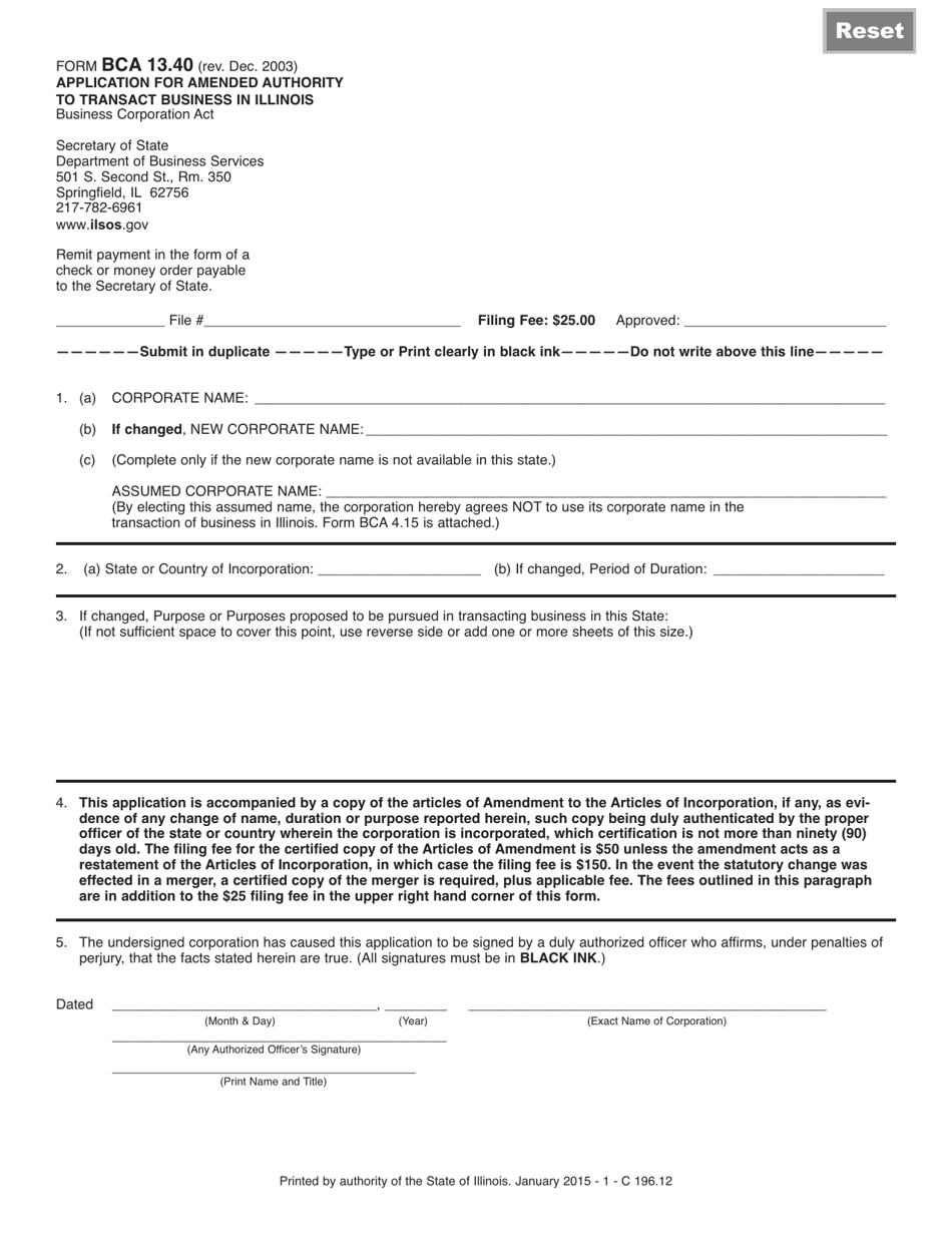 Form BCA13.40 Application for Amended Authority to Transact Business in Illinois - Illinois, Page 1
