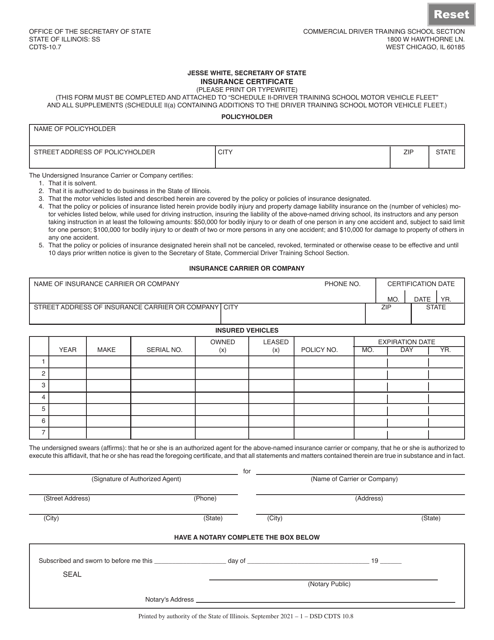Form DSD CDTS10 Insurance Certificate - Illinois