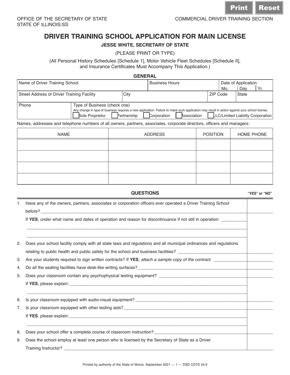 Form DSD CDTS24 Driver Training School Application for Main License - Illinois, Page 1