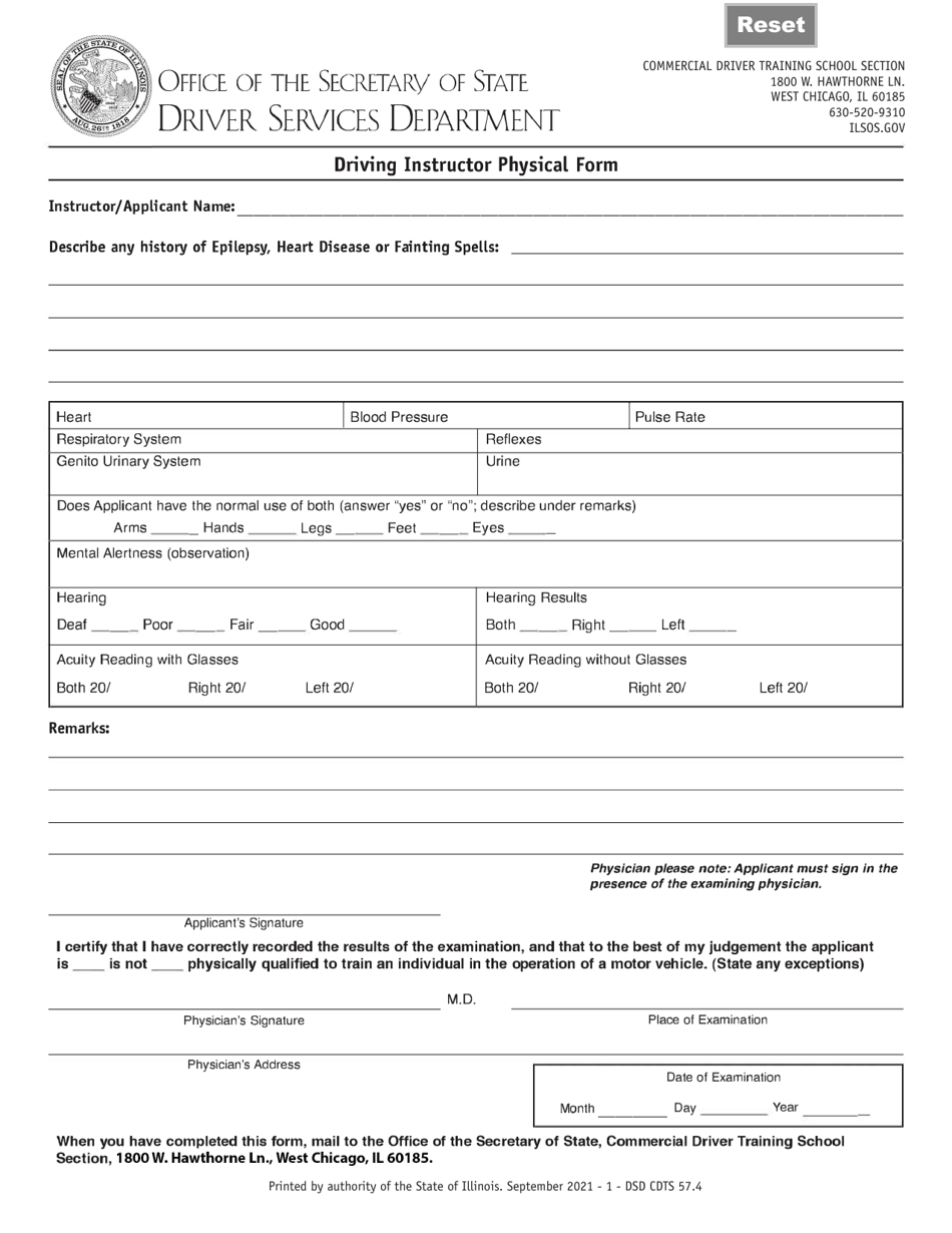 Form DSD CDTS57 Driving Instructor Physical Form - Illinois, Page 1