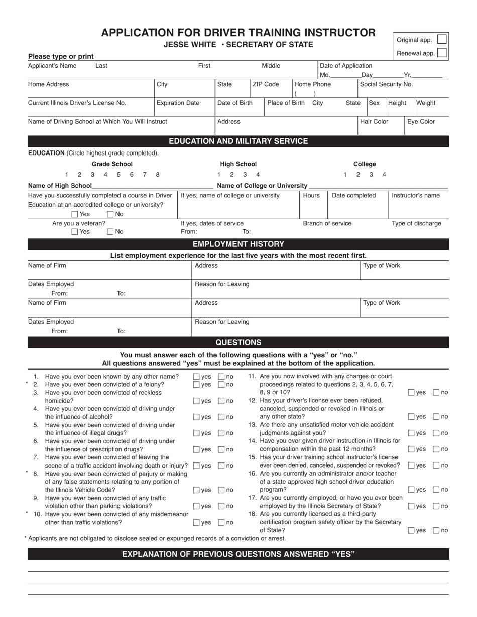 Form DSD CDTS58 Application for Driver Training Instructor - Illinois, Page 1