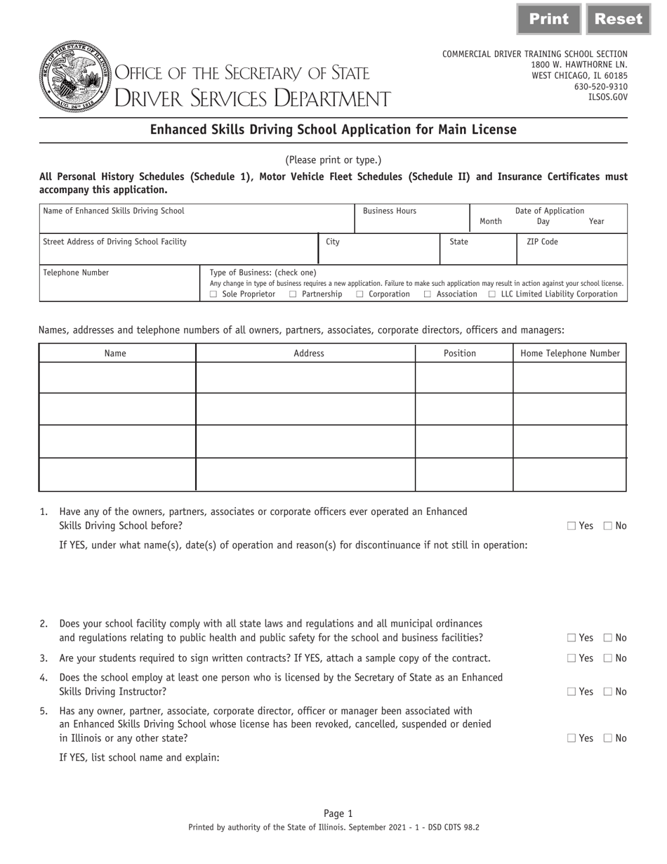 Form DSD CDTS98 Enhanced Skills Driving School Application for Main License - Illinois, Page 1