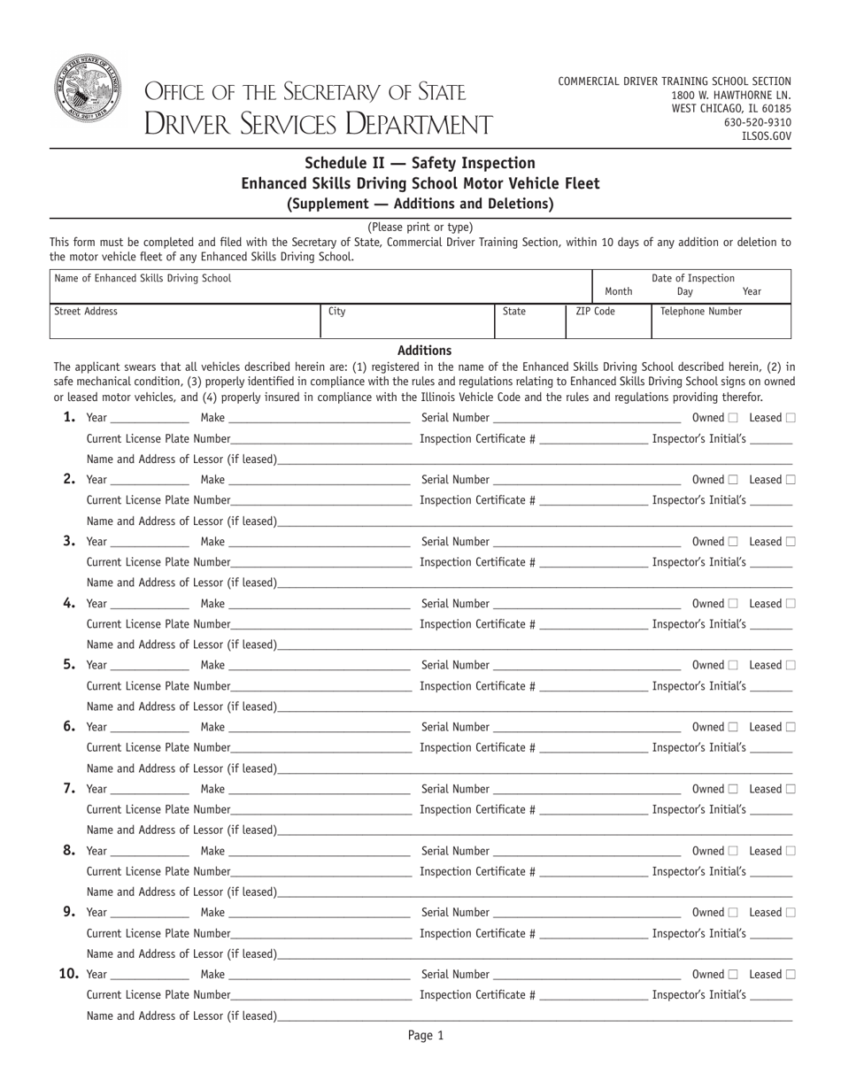 Form DSD CDTS99 Schedule II Safety Inspection Enhanced Skills Driving School Motor Vehicle Fleet (Supplement - Additions and Deletions) - Illinois, Page 1
