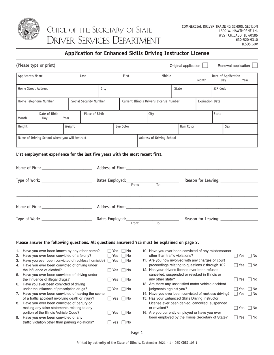 Form DSD CDTS103 Application for Enhanced Skills Driving Instructor License - Illinois, Page 1