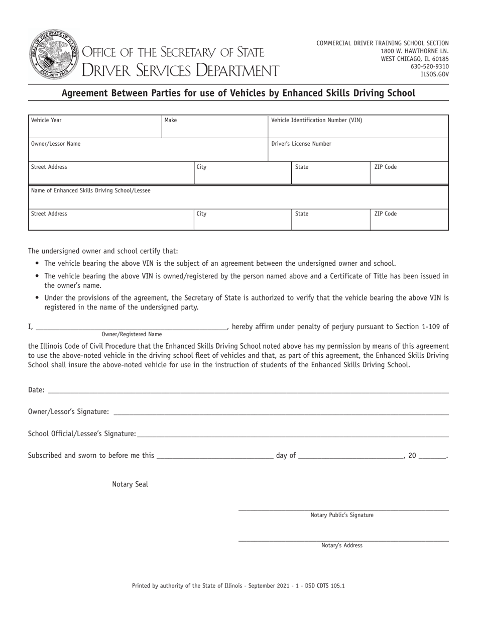 Form DSD CDTS105 Agreement Between Parties for Use of Vehicles by Enhanced Skills Driving School - Illinois, Page 1