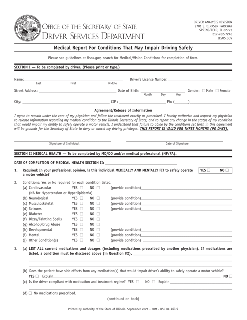 Form DSD DC163 Medical Report for Conditions That May Impair Driving Safely - Illinois