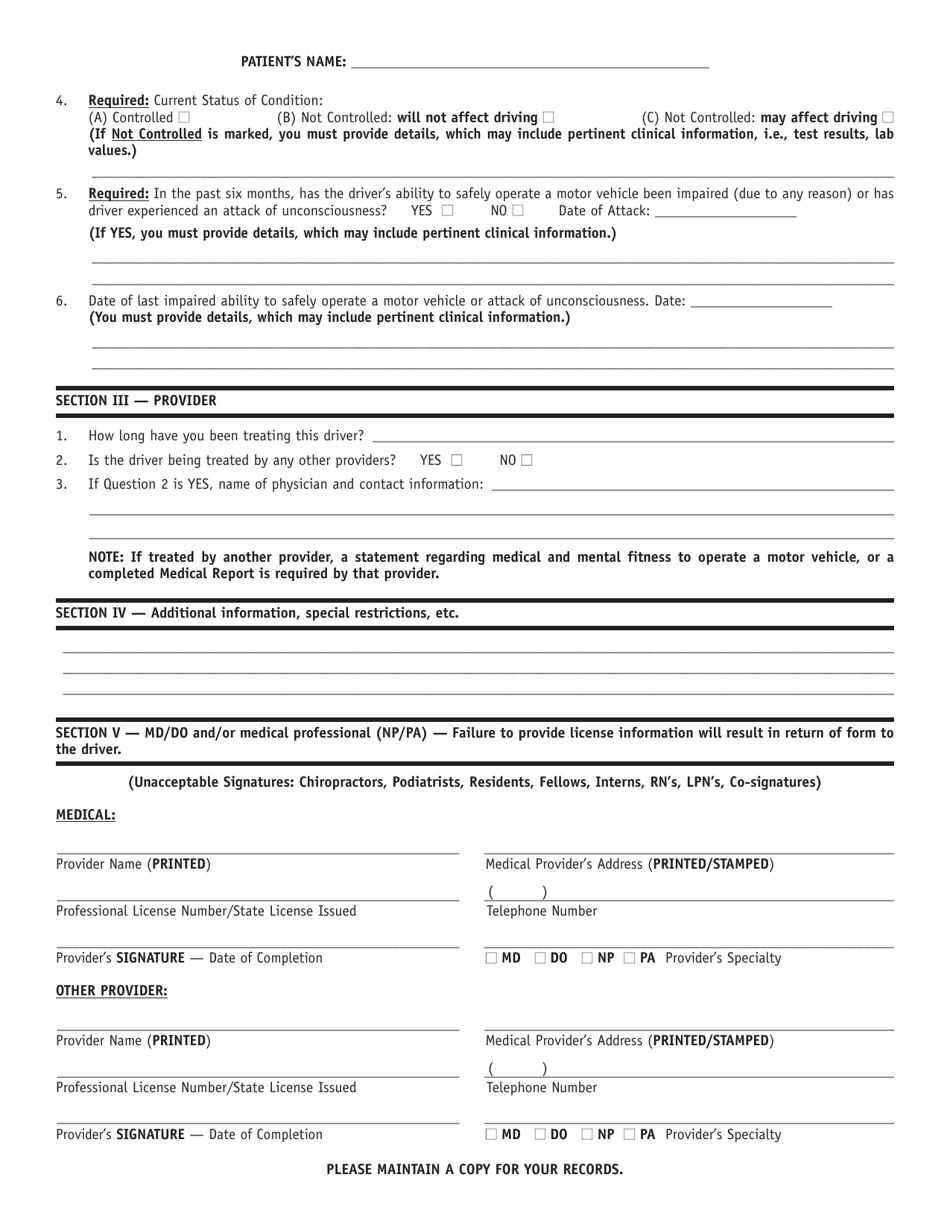 Form DSD DC163 Medical Report for Conditions That May Impair Driving Safely - Illinois, Page 2