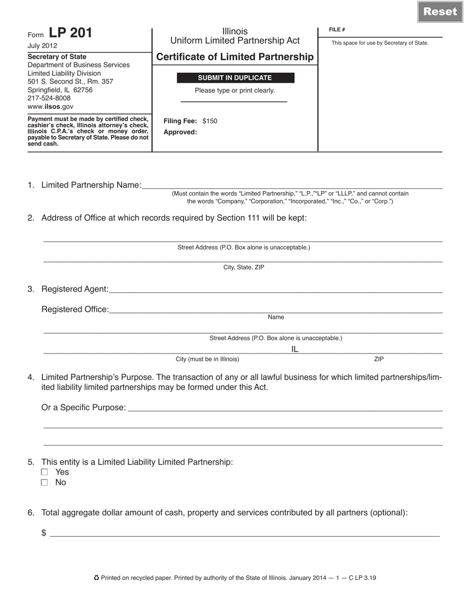 Form LP201 Certificate of Limited Partnership - Illinois, Page 1
