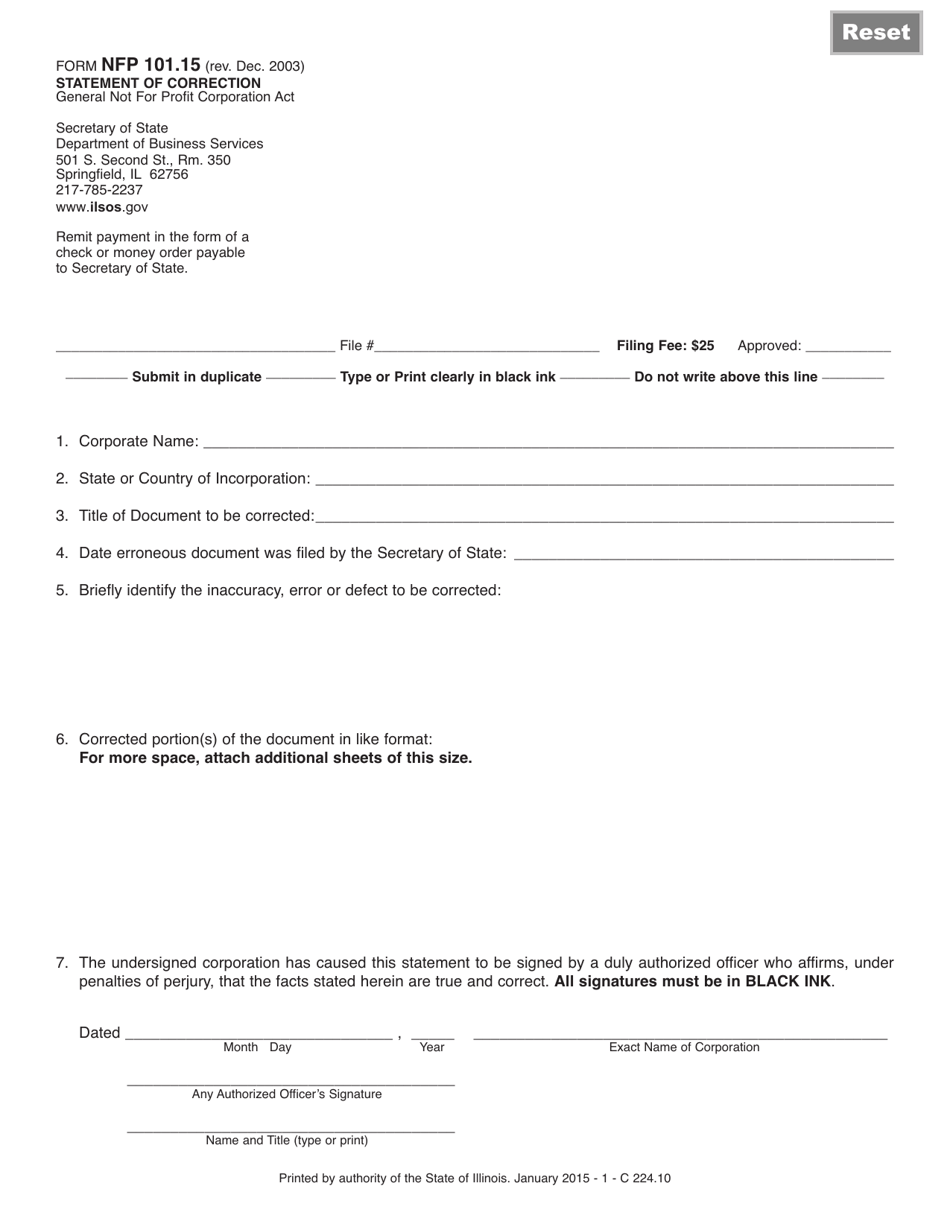 Form NFP101.15 Statement of Correction - Illinois, Page 1