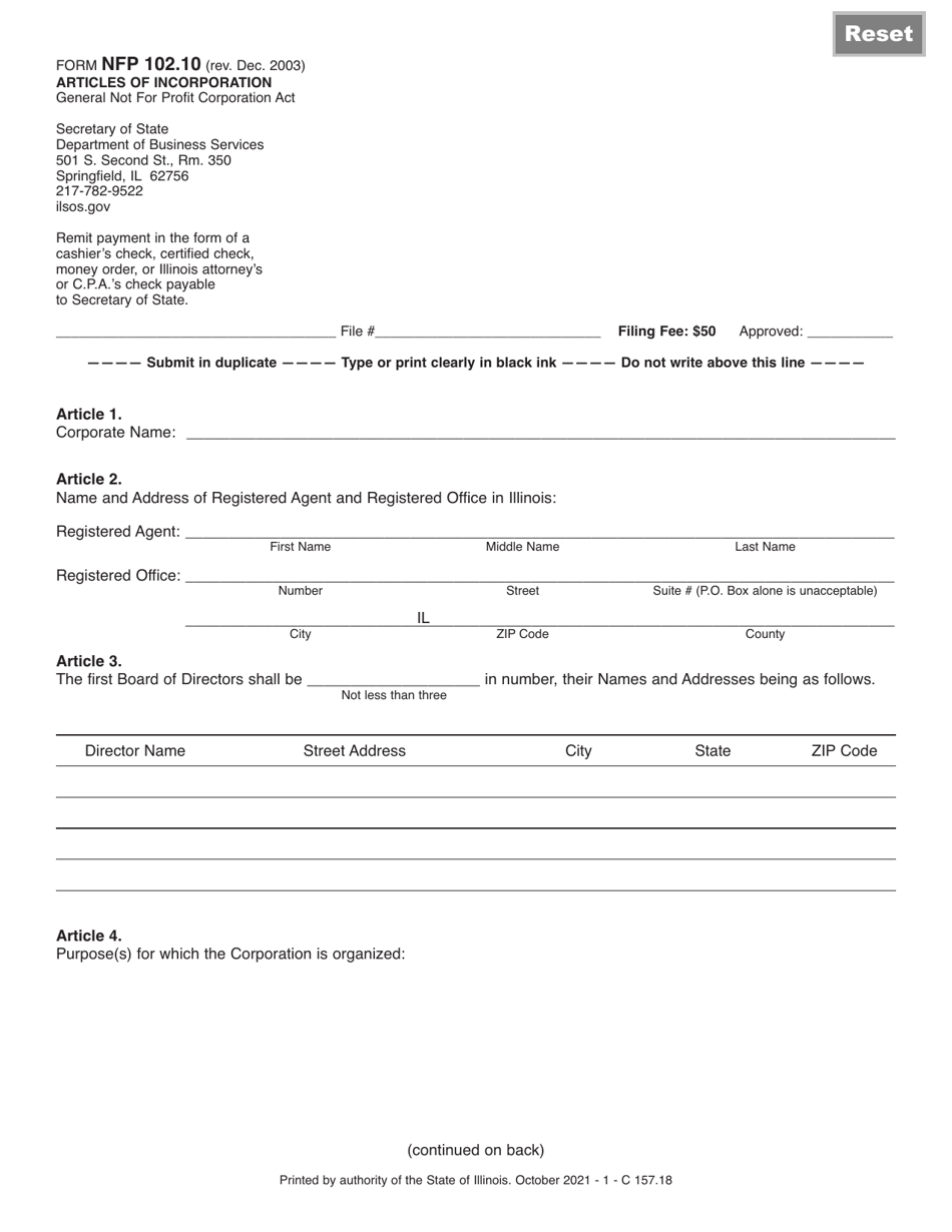 Form NFP102.10 Articles of Incorporation - Illinois, Page 1