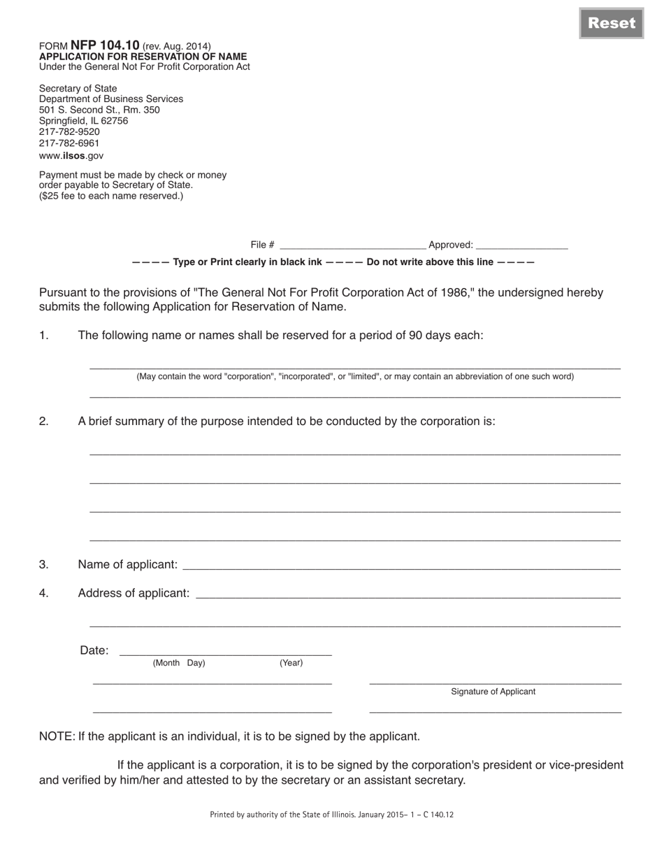 Form NFP104.10 Application for Reservation of Name - Illinois, Page 1