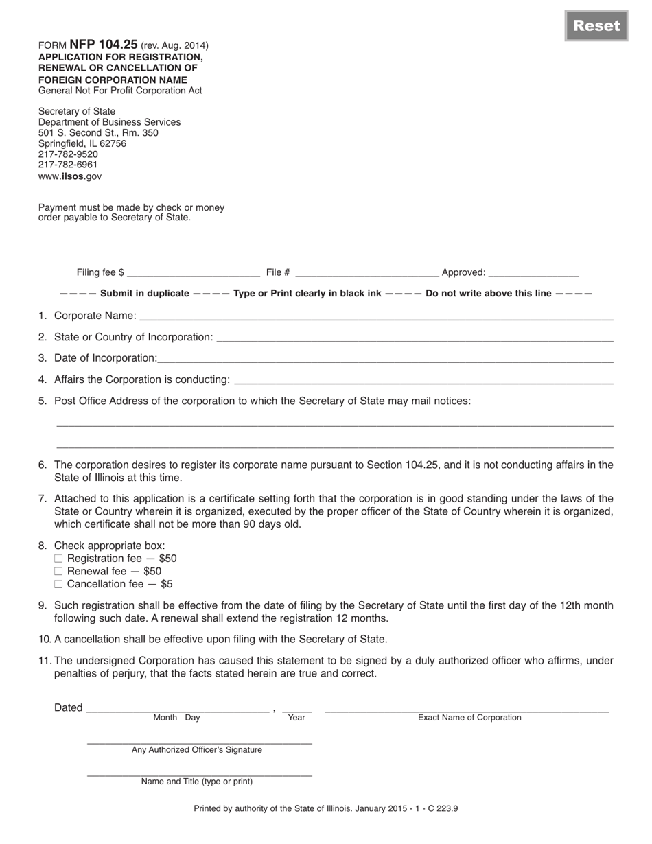 Form NFP104.25 Application for Registration, Renewal or Cancellation of Foreign Corporation Name - Illinois, Page 1