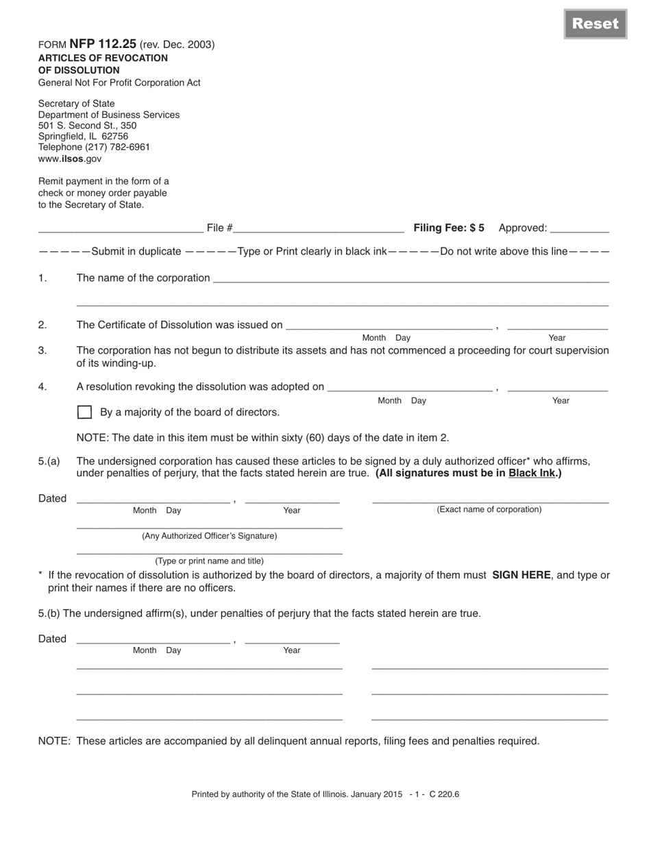 Form NFP112.25 Articles of Revocation of Dissolution - Illinois, Page 1