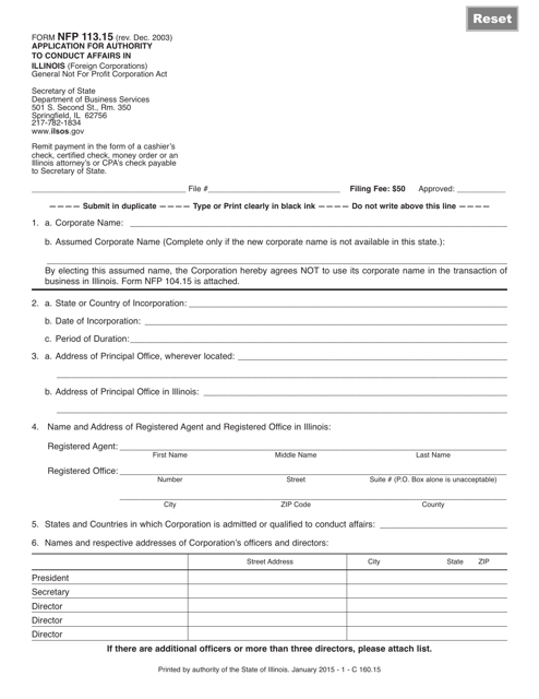 Form NFP113.15 Application for Authority to Conduct Affairs in Illinois - Illinois