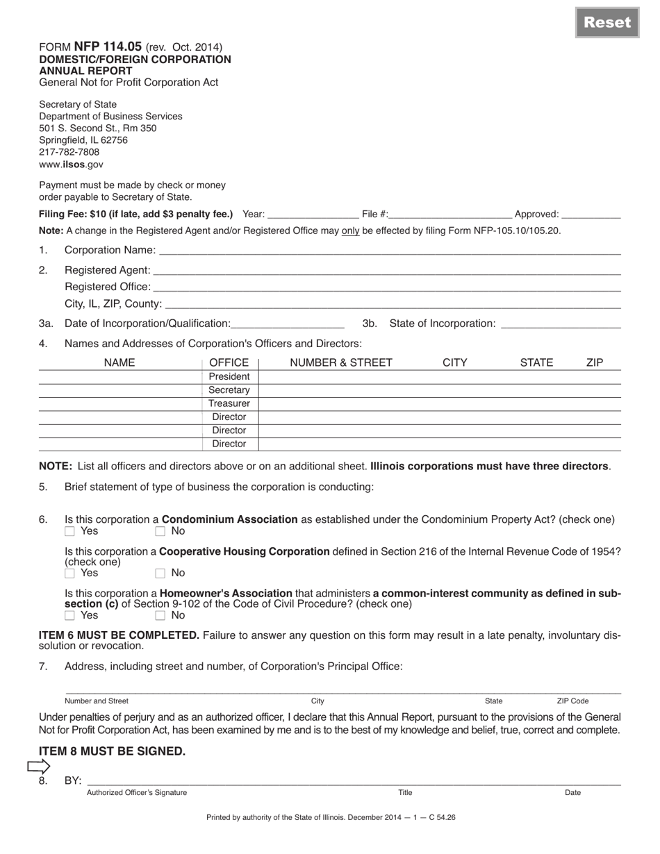Form NFP114.05 Domestic/Foreign Corporation Annual Report - Illinois, Page 1