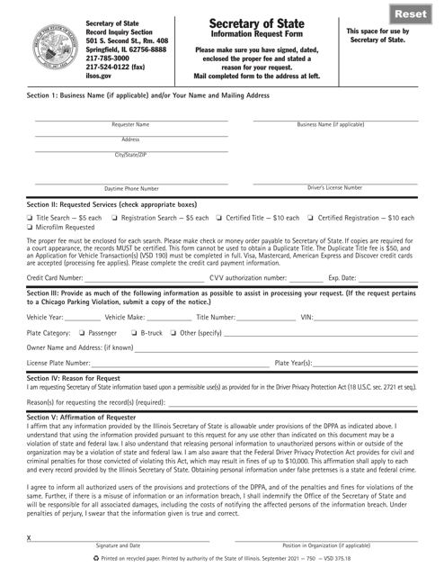 Form VSD375 Information Request Form - Illinois