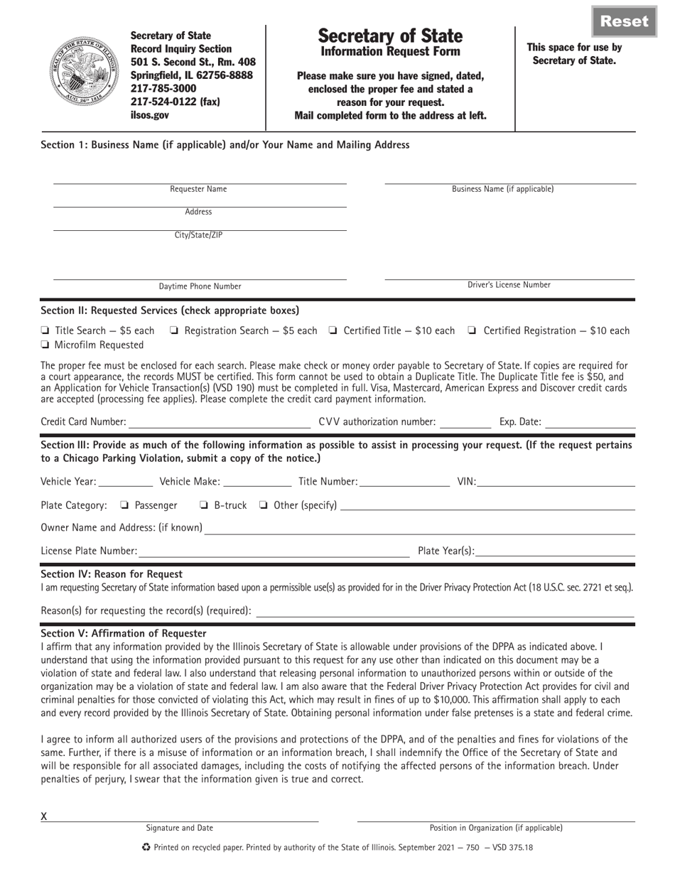 Form VSD375 Information Request Form - Illinois, Page 1