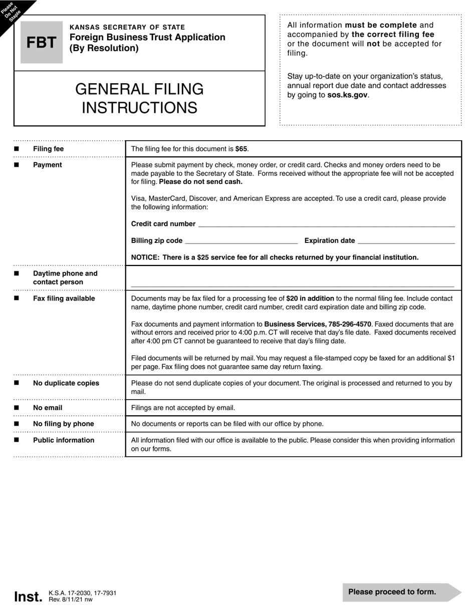 Form FBT Foreign Business Trust Application (By Resolution) - Kansas, Page 1