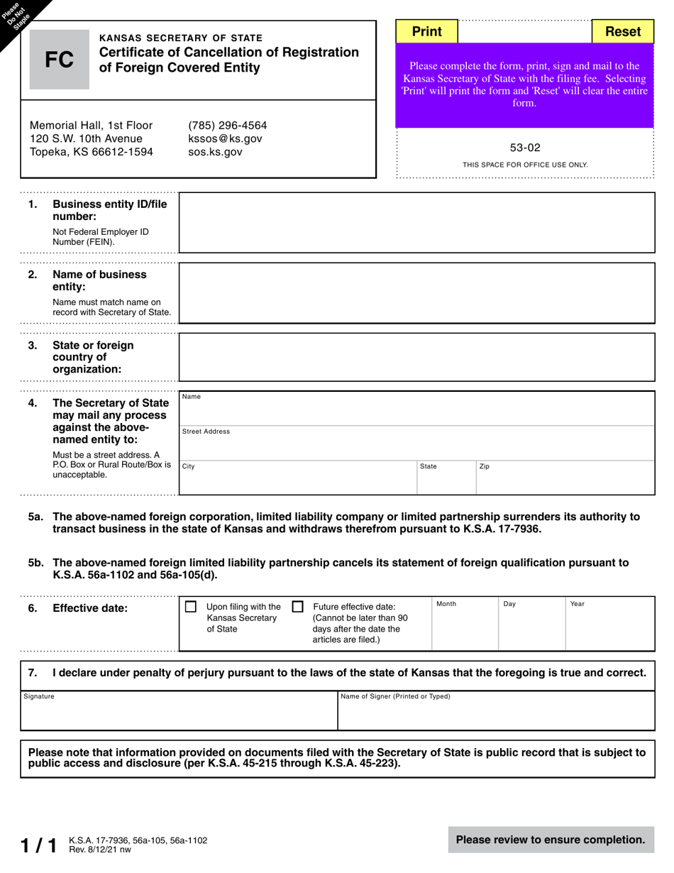 Form FC Certificate of Cancellation of Registration FC of Foreign Covered Entity - Kansas, Page 3