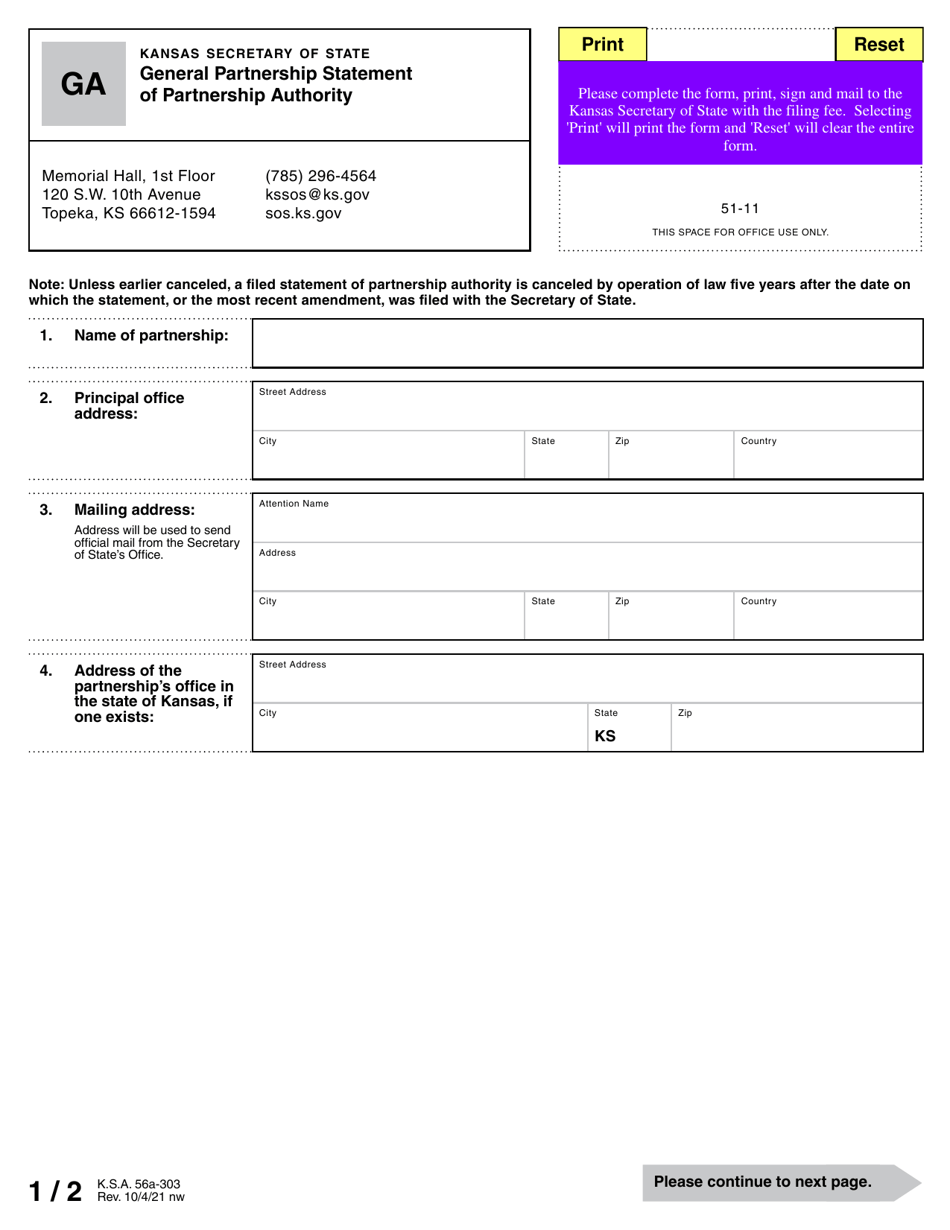 Form GA General Partnership Statement of Partnership Authority - Kansas, Page 2