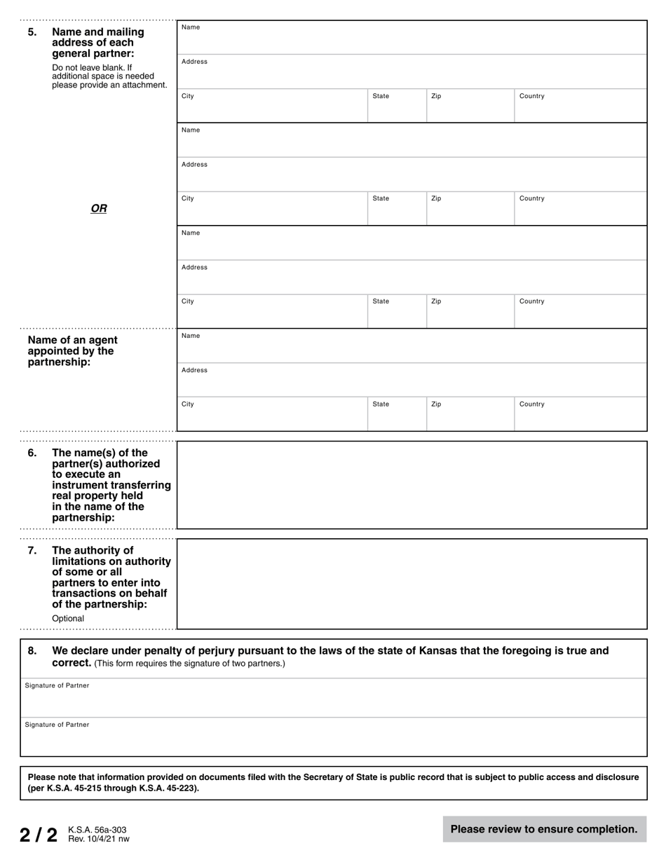 Form GA General Partnership Statement of Partnership Authority - Kansas, Page 3