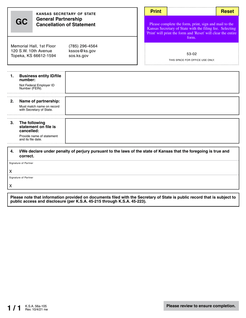 Form GC General Partnership Cancellation of Statement - Kansas, Page 2
