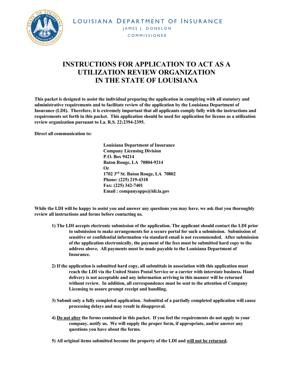 Application to Act as a Utilization Review Organization in the State of Louisiana - Louisiana, Page 1