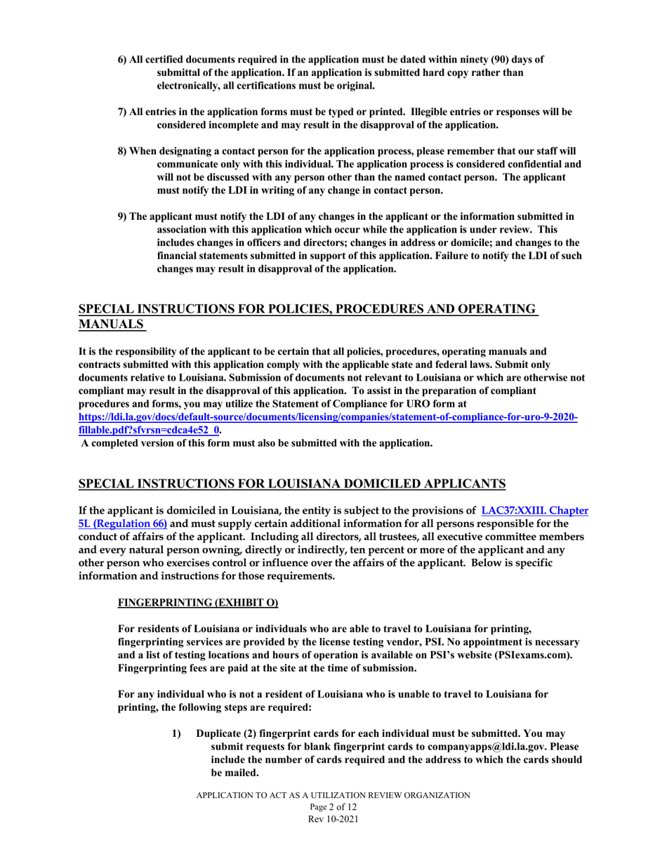 Application to Act as a Utilization Review Organization in the State of Louisiana - Louisiana, Page 2