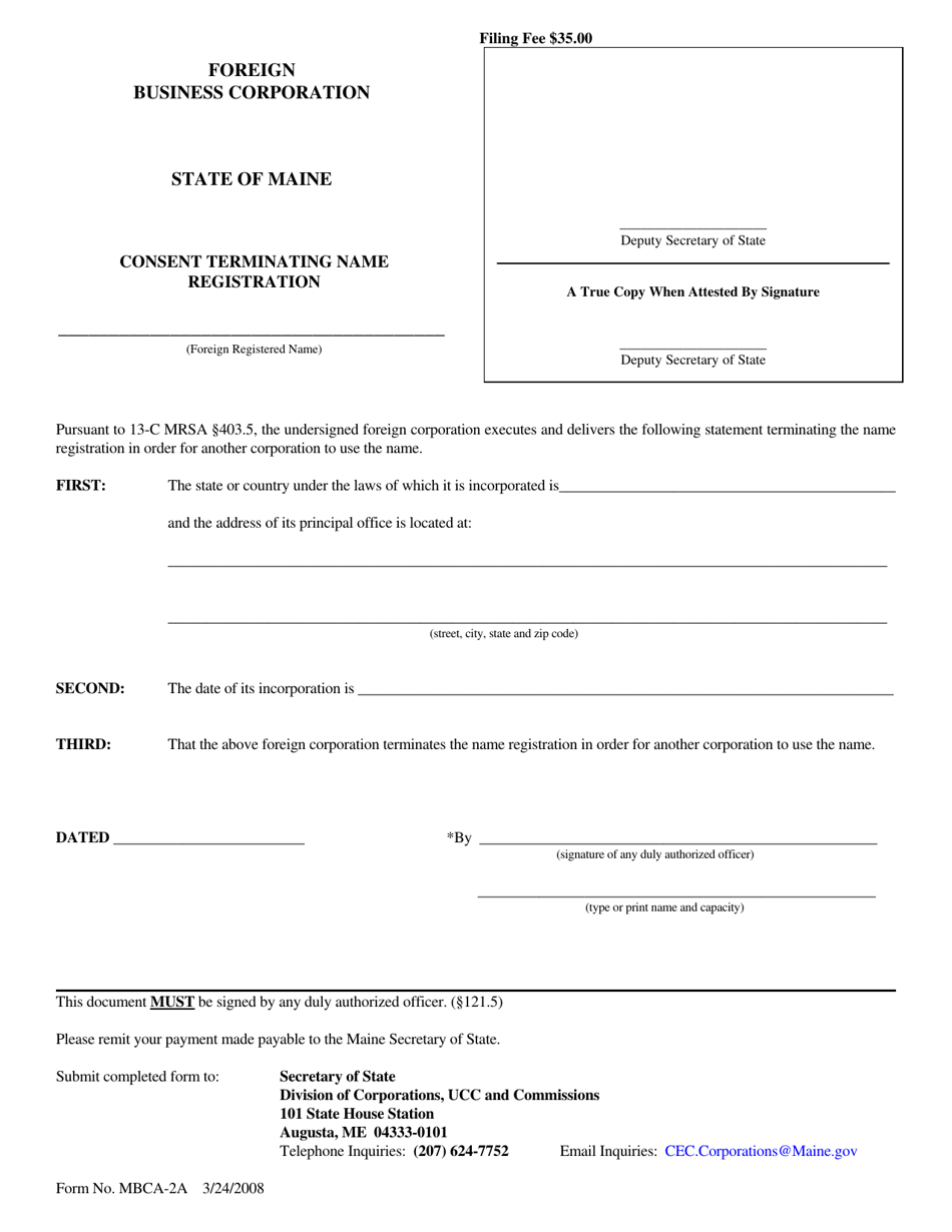 Form MBCA-2A Consent Terminating Name Registration - Maine, Page 1