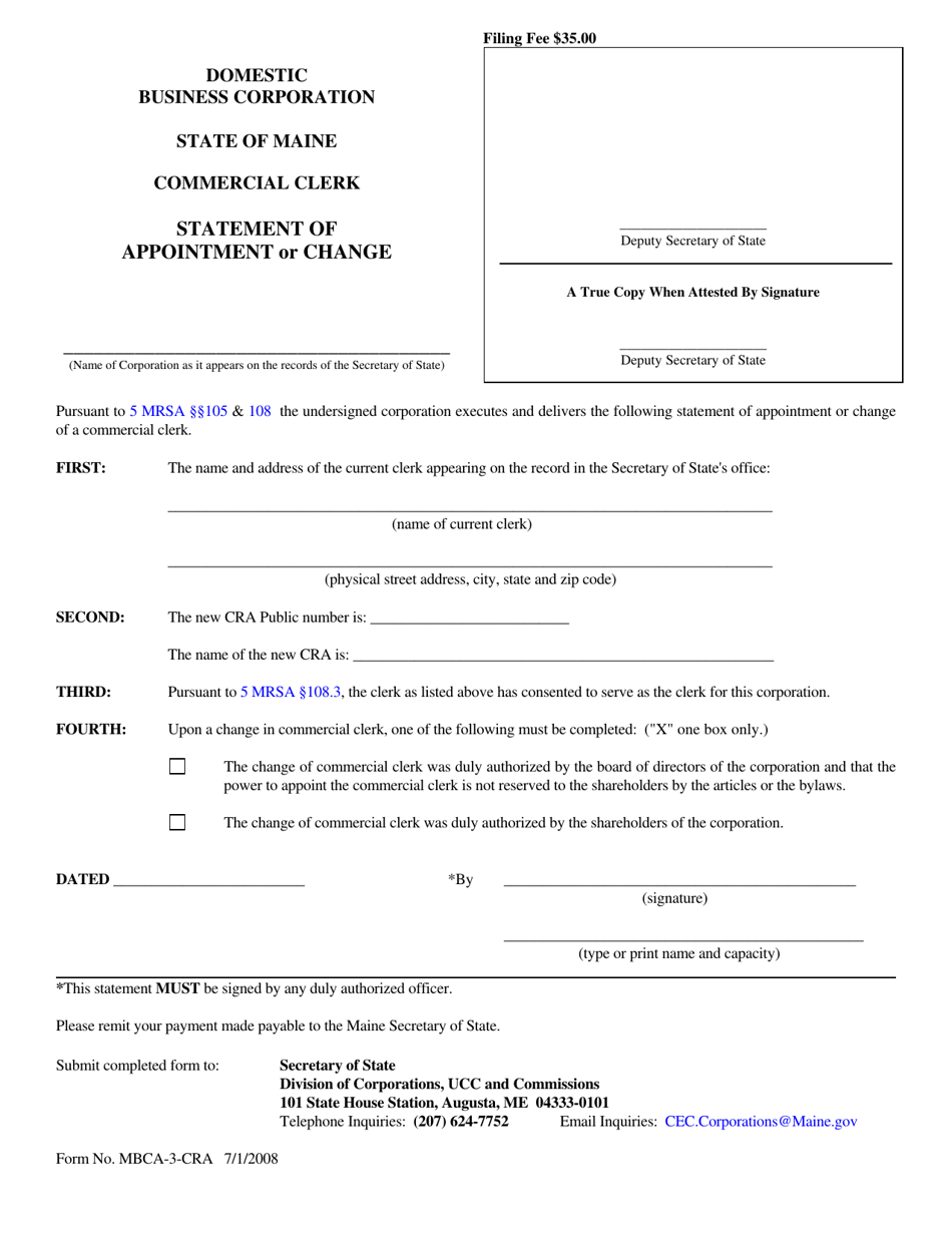 Form MBCA-3-CRA Statement of Appointment or Change of Commercial Clerk - Maine, Page 1