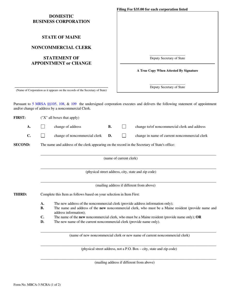 Form MBCA-3-NCRA Statement of Appointment or Change of Noncommercial Clerk - Maine, Page 1