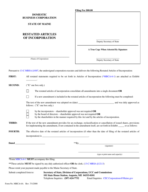 Form MBCA-6A Restated Articles of Incorporation - Maine