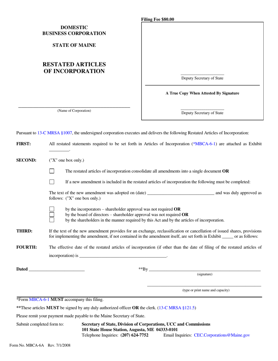 Form MBCA-6A Restated Articles of Incorporation - Maine, Page 1