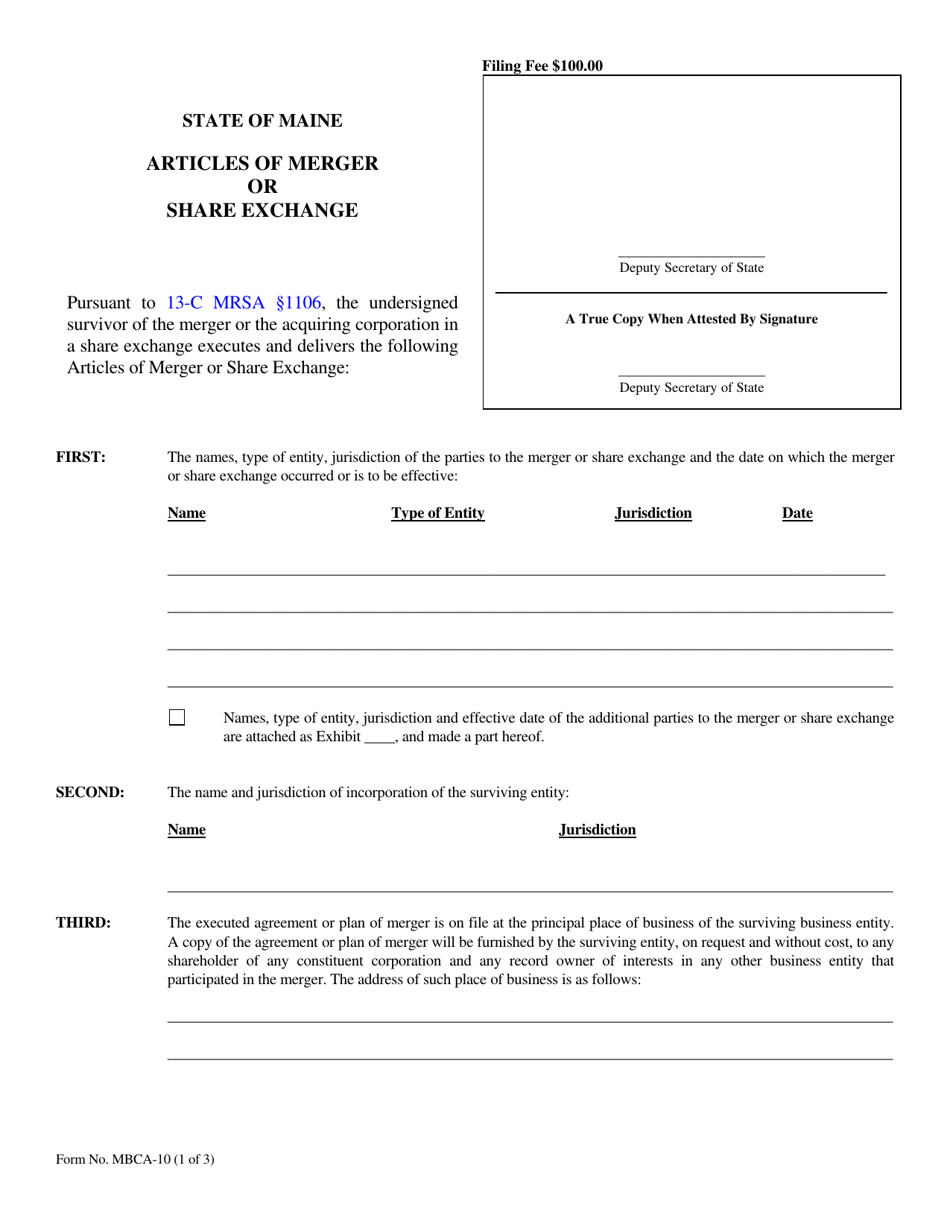 Oregon Merger Form.pdf Form MBCA-10 Download Fillable PDF or Fill Online Articles of Merger or ...