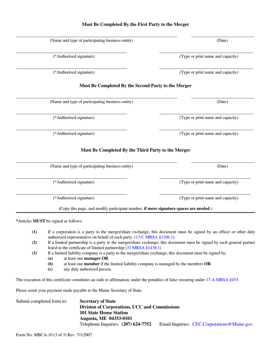 Form MBCA-10 Articles of Merger or Share Exchange - Maine, Page 3