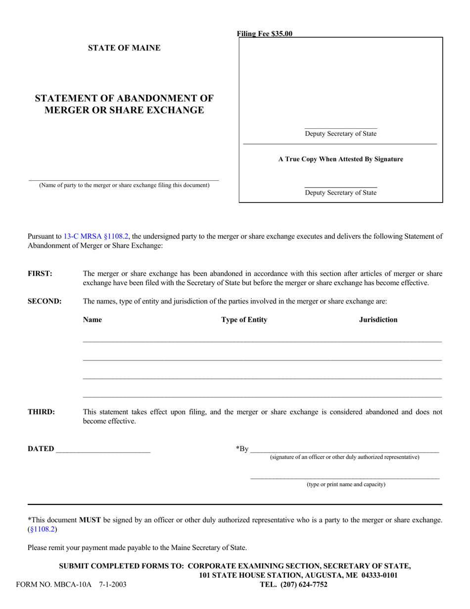 Form MBCA-10A Statement of Abandonment of Merger or Share Exchange - Maine, Page 1