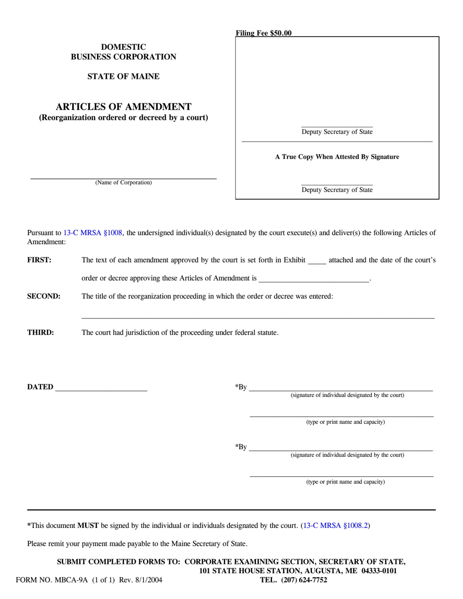 Form MBCA-9A Download Fillable PDF or Fill Online Articles of Amendment ...