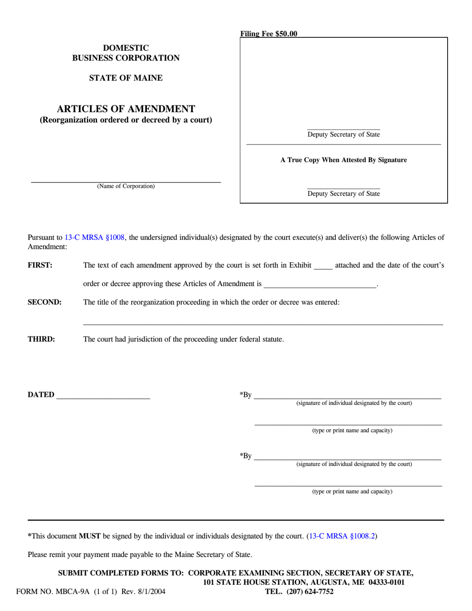 Form MBCA-9A Articles of Amendment (Reorganization Ordered or Decreed by a Court) - Maine, Page 1