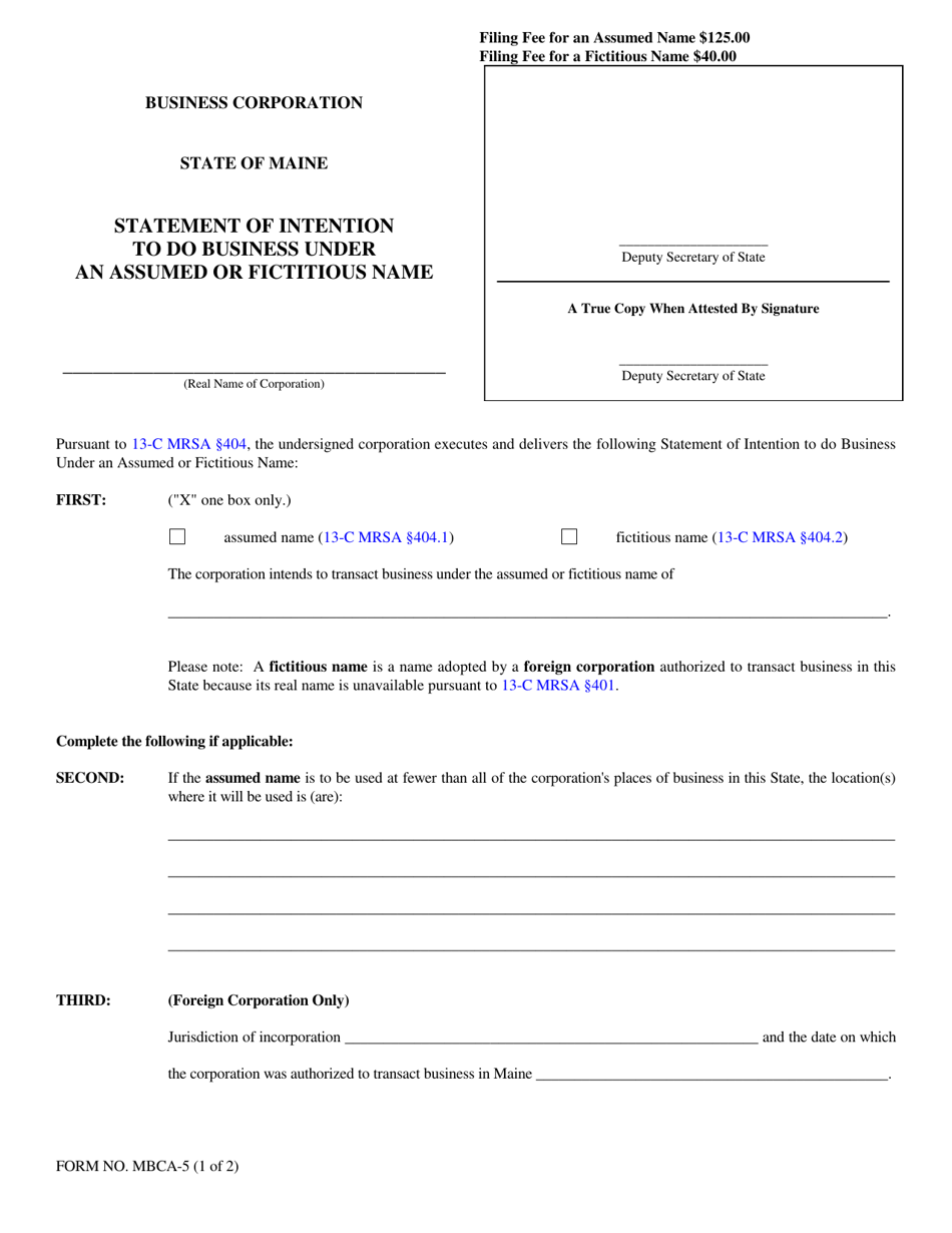 Form MBCA-5 Statement of Intention to Do Business Under an Assumed or Fictitious Name - Maine, Page 1