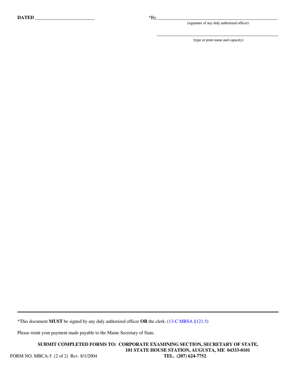 Form MBCA-5 Statement of Intention to Do Business Under an Assumed or Fictitious Name - Maine, Page 2