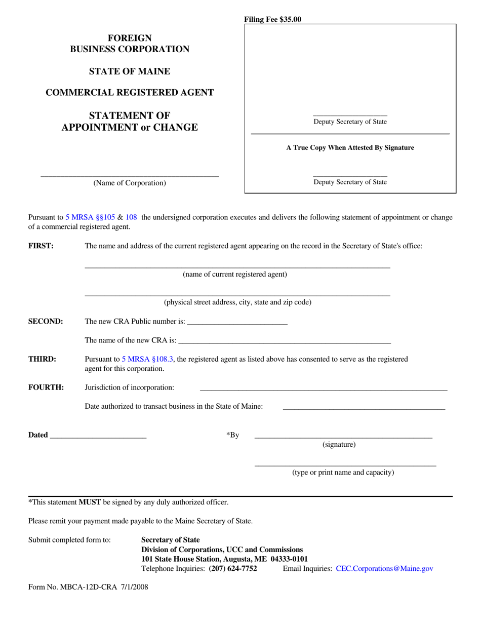 Form MBCA-12D-CRA Statement of Appointment or Change of Commercial Registered Agent - Maine, Page 1