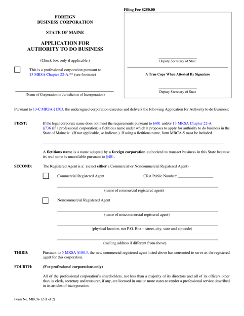 Form MBCA-12 Application for Authority to Do Business - Maine