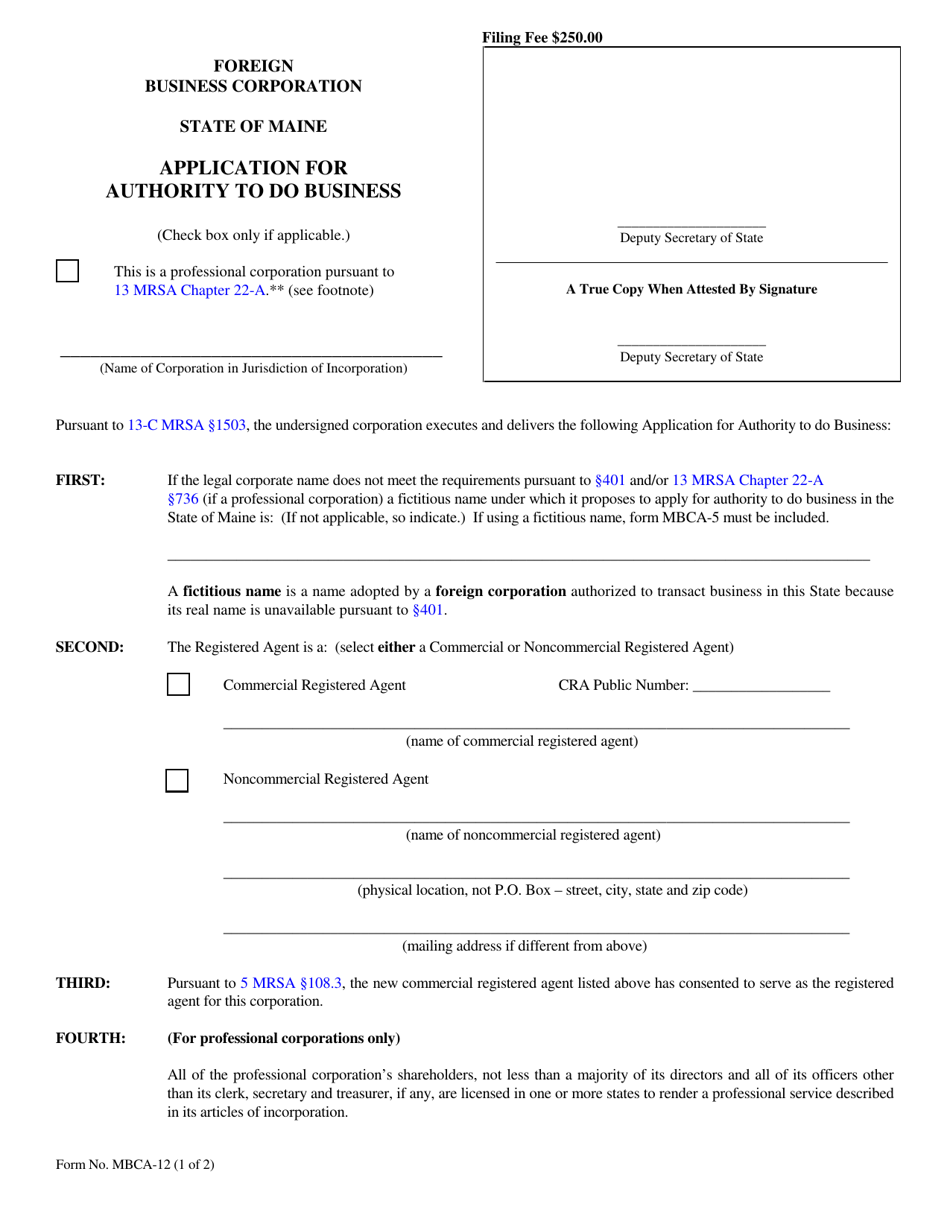 Form MBCA-12 Application for Authority to Do Business - Maine, Page 1