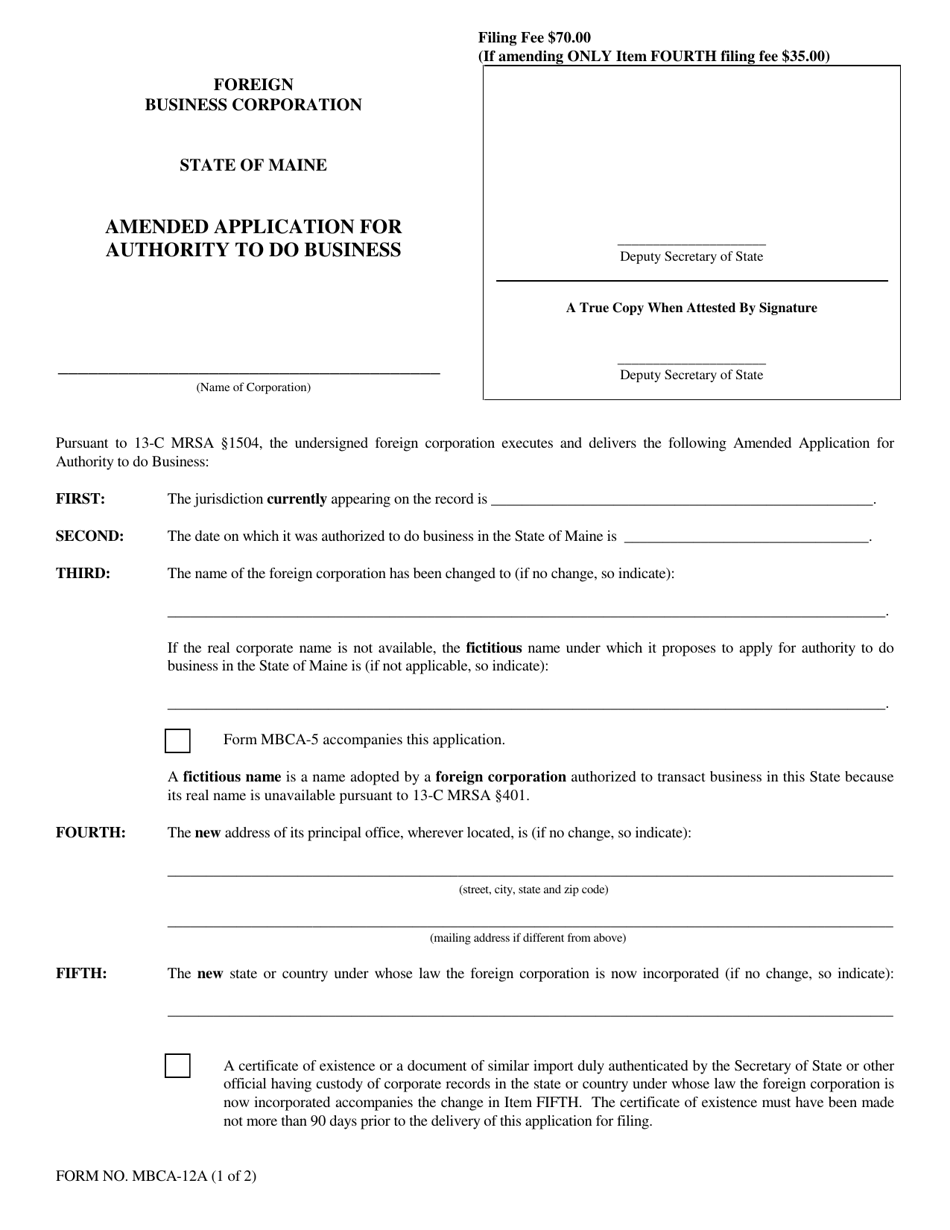 Form Mbca 12a Download Fillable Pdf Or Fill Online Amended Application For Authority To Do 6497