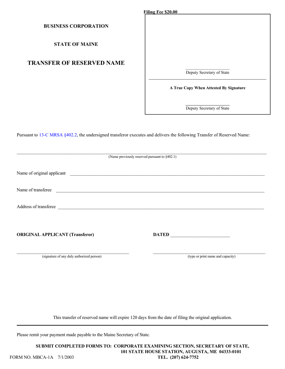 Form MBCA-1A Transfer of Reserved Name - Maine, Page 1